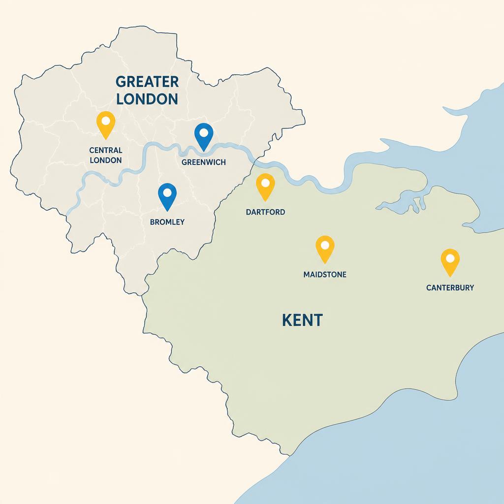 Map of Kent and Greater London showing removal service coverage areas